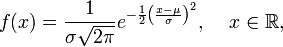 f(x)=frac{1}{sigmasqrt{2pi}}e^{-frac{1}{2}left(frac{x-mu}{sigma}right)^2}, , quad xinmathbb{R},